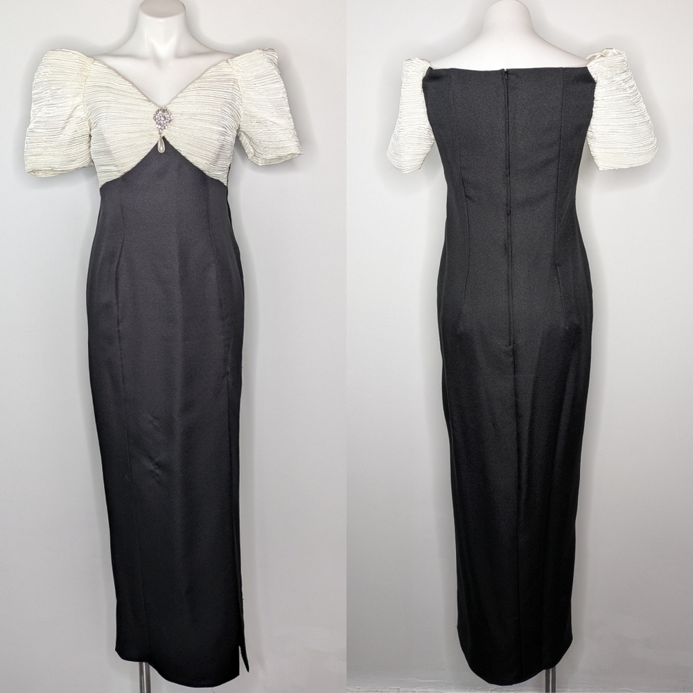 Vintage black white gathered satin off the shoulder evening gown M/L